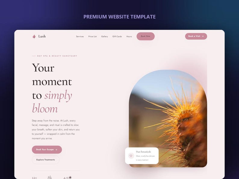 May include: A premium website template for a day spa named Lush, featuring a light pink background, serif typography, and a large arched image of a cactus. The layout includes navigation links, a call to action button, and descriptive text.