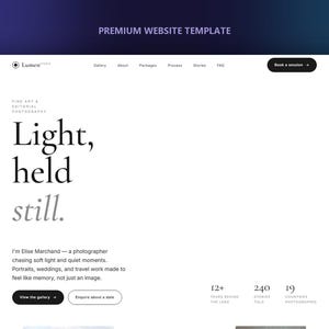 May include: A website template for a photography portfolio featuring a white background with black text. The header includes the text Lumen Studio, navigation links, and a Book a session button. The main text reads Light, held still. and includes a bio for Elise Marchand, gallery buttons, and statistics for years, stories, and countries.