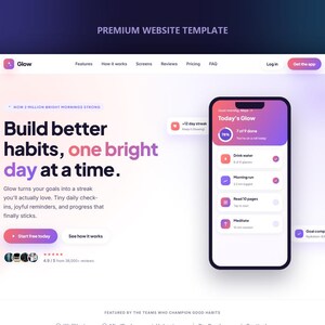 May include: A premium website template for a habit tracking application named Glow. The interface features a gradient purple and pink color scheme, bold text reading Build better habits, one bright day at a time, and a smartphone mockup displaying a daily task list.