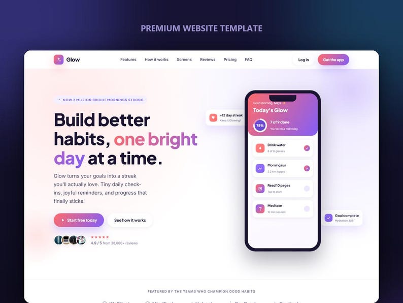 May include: A premium website template for a habit tracking application named Glow. The interface features a gradient purple and pink color scheme, bold text reading Build better habits, one bright day at a time, and a smartphone mockup displaying a daily task list.