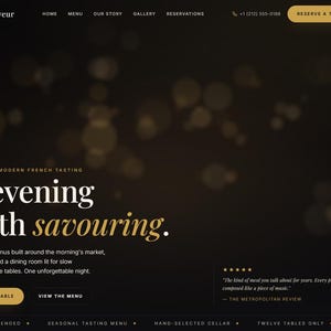 May include: A dark-themed restaurant website landing page for Saveur featuring the text An evening worth savouring, navigation links for home, menu, our story, gallery, and reservations, a phone number, and buttons to reserve a table.