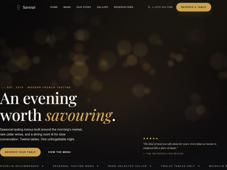 May include: A dark-themed restaurant website landing page for Saveur featuring the text An evening worth savouring, navigation links for home, menu, our story, gallery, and reservations, a phone number, and buttons to reserve a table.