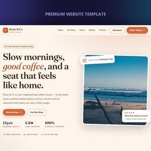May include: A website template for a coffee house named Brew & Co featuring a cream-colored background, dark brown typography, and a square photograph of a beach. The layout includes navigation links, a call-to-action button, and review text.