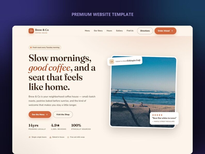 May include: A website template for a coffee house named Brew & Co featuring a cream-colored background, dark brown typography, and a square photograph of a beach. The layout includes navigation links, a call-to-action button, and review text.