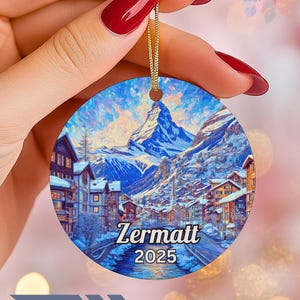 Zermatt Switzerland Ornament 2025, Matterhorn Winter Village Scene, Snowy Alps Souvenir, Personalized Ceramic Family Europe Ski Trip Gift