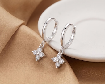 Sterling Silver Four Leaf Clover Zircon Huggie Earrings, Lucky Charm Drop Hoops, Dainty Jewelry Gift for Her