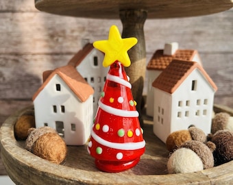 Glass Christmas Tree Figurine, Holiday Miniature Ornament, Festive Shelf Decor, Stocking Stuffer Gift,Mini Liuli Tabletop Tiered Tray Accent