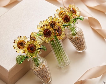 Glass Sunflower Bouquet in Vase, Mini Floral Home Decor, Cheerful Flower Gift for Desk Shelf Decor