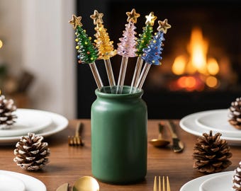 Glass Stir Stick with Christmas Tree Design, Holiday Coffee and Tea Stirrer, Festive Drink Accessory Gift, Bar Table Xmas Decor