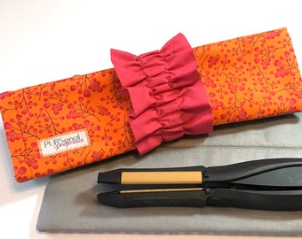 COOL IT! Flat or Curling Iron Travel and Storage Tote / hot pad lining / Orange and pink print with pink scrunchie