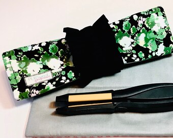 COOL IT! Flat or Curling Iron Travel and Storage Tote / hot pad lining / black white and green watercolor floral print with black scrunchie