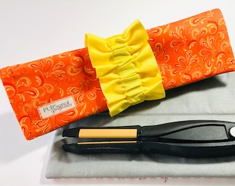 COOL IT! Flat or Curling Iron Travel and Storage Tote / hot pad lining / Orange and yellow paisley with yellow scrunchie