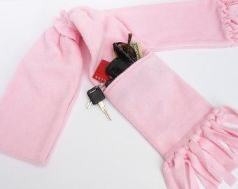 Zipper Pocket Fleece Scarf in Pink with Matching Fleece Scarf Ring with or without fringe