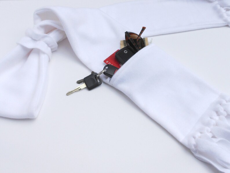 Zipper Pocket Fleece Scarf in White with Matching Fleece Scarf Ring with or without fringe image 1