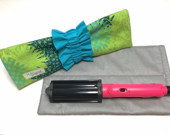 COOL IT! Flat or Curling Iron Travel and Storage Tote / hot pad lining / funky turquoise, lime green and navy print with turquoise scrunchie