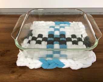 Pot holder, EXTRA THICK, 9” x 9”, hot pad, Turquoise, dark gray, white, cross cross pattern, fleece