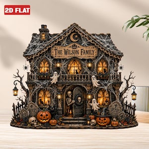 May include: A decorative Halloween haunted house figurine featuring the text THE WILSON FAMILY, illuminated windows, ghosts, skeletons, pumpkins, tombstones with RIP, and spiderwebs. The structure has a dark, weathered finish with hanging lanterns.