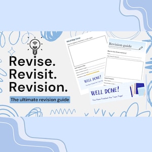 Puede incluir: Una guía de revisión con las palabras "Revise. Revisit. Revision." en negro. La guía incluye plantillas de mapas mentales, secciones de autocomprobación y una página de "Revision guide". También está presente la frase "The ultimate revision guide".