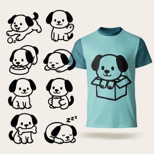 May include: Light blue t-shirt with a cartoon dog graphic inside a box. The image also features several black and white cartoon dog illustrations in various poses, including playing with a ball, sitting, and sleeping. The shirt has a crew neck and short sleeves.