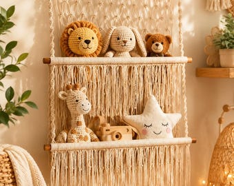 Macrame Toy Hammock Organizer | Wall Storage for Stuffed Animals | Nursery & Kids Room Decor, Macrame Wall Hanging, Soft Plush Toy Storage