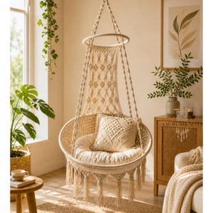 May include: A beige macrame hanging chair with a round seat and backrest. The chair features a woven diamond pattern and is suspended from a circular ring. A matching pillow and cushion are inside the chair. The chair is in a well-lit room.