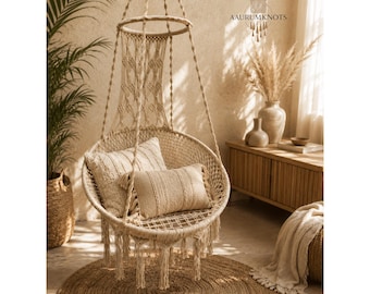 Macrame Hanging Chair - Boho Swing Chair | Hammock Chair | Indoor Outdoor Hanging Seat, Cotton Rope Patio Balcony Decor