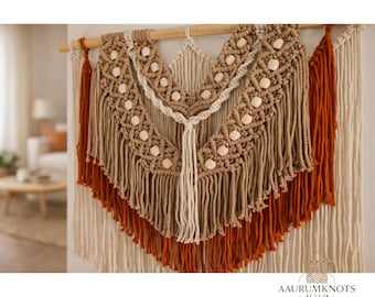 Arazzo da parete in macramè fatto a mano - Decorazione da parete boho, arazzo in fibra artistica boho con frange e perline di legno, per soggiorno, camera da letto, cameretta dei bambini