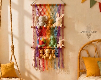 Macrame Toy Hammock | Kids Room & Nursery Toy Organizer | Stuffed Animal Holder | Plushie Storage Net | Boho Wall Hanging Decor