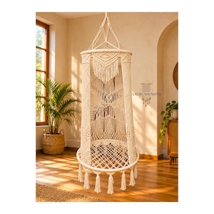 Peut inclure: Une chaise suspendue en macramé de couleur crème avec des motifs noués complexes, un cadre circulaire et des pompons à franges décoratifs à la base. La structure comprend une section supérieure conique avec des cordes et le texte AAURUMKNOTS.