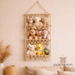 Macrame Toy Hammock Organizer | Wall Storage for Stuffed Animals | Nursery & Kids Room Decor, Macrame Wall Hanging, Soft Plush Toy Storage