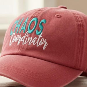 Custom Embroidered Chaos Coordinator Pigment Dyed Baseball Hat in Poppy Red - Personalized Cap Gift