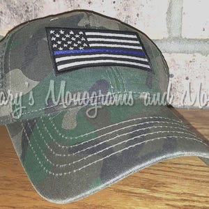 Thin Blue Line American Flag Baseball Hat, Embroidered Camo Police Officer Cap, Military, Back the Blue, Law Enforcement, Cop, Custom Hats