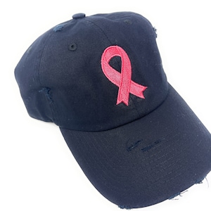 Custom Embroidered Breast Cancer Awareness Ribbon Pigment Dyed Baseball Hat (Distressed Navy Blue Baseball Hat with Hot Ribbon)