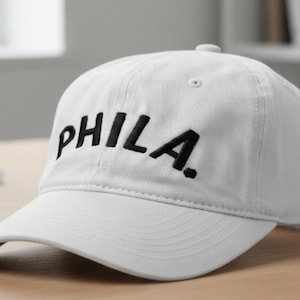 Custom Embroidered PHILA.  Philadelphia International Airport Code Baseball Hat (white hat with black letters)