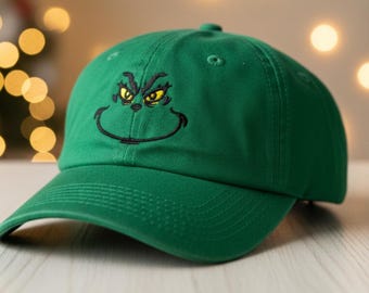 Custom Embroidered Grinch Baseball Hat - Personalized Christmas Holiday Gift Cap Whoville Merchandise