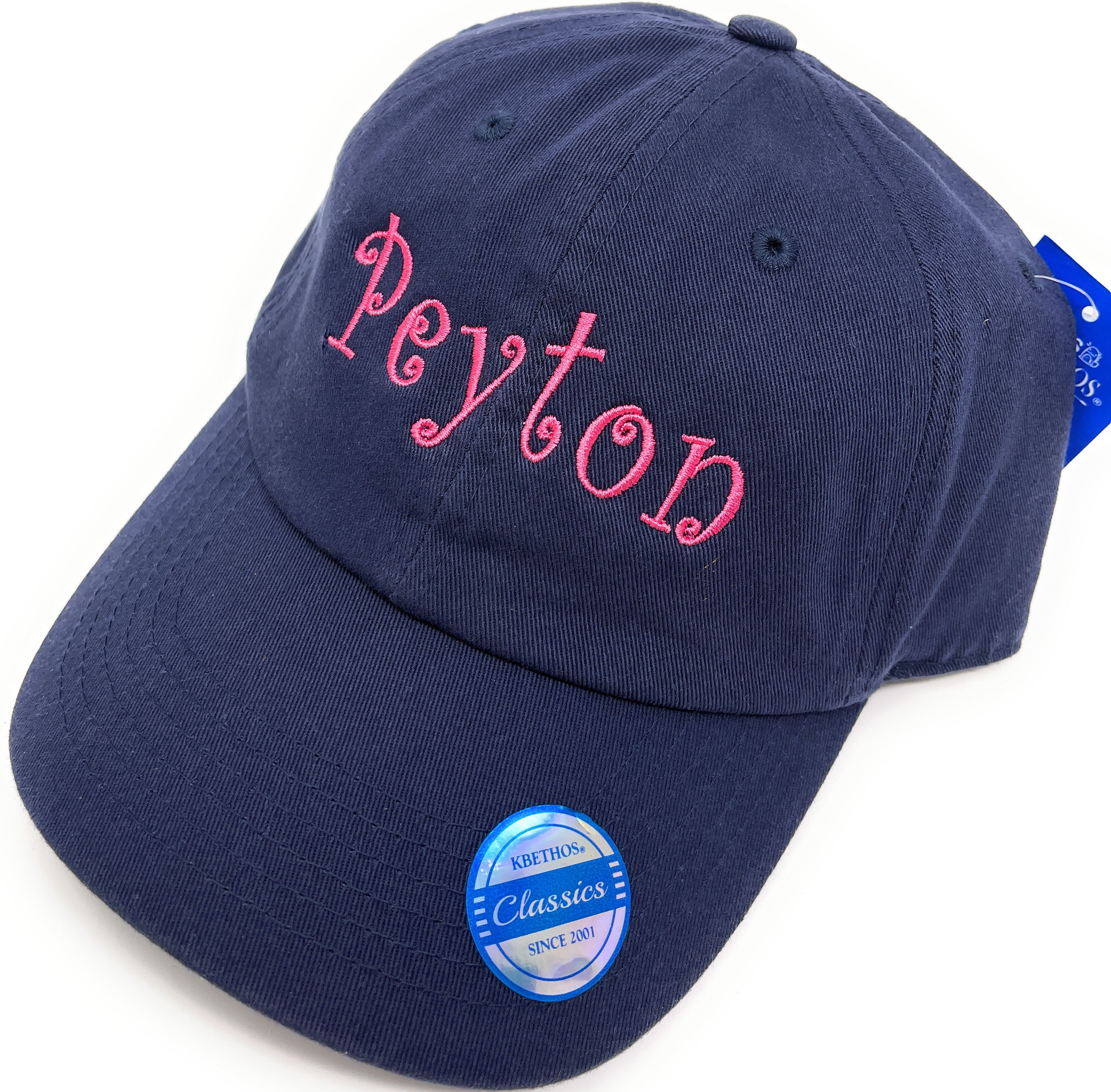 Custom Embroidered Children”s Baseball Hat - (name or initials) Shown is Navy blue hat with hot pink thread
