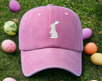 Custom Embroidered Easter Bunny Baseball Hat (Pigment Dyed Pink w/White Bunny) available in all colors and sizes