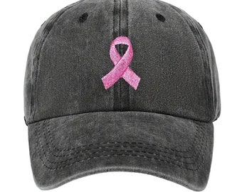 Custom Embroidered Breast Cancer Awareness Ribbon Pigment Dyed Baseball Hat (Black hat with Pink Ribbon)