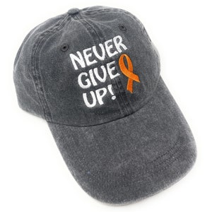 Custom Embroidered Ovarian Cancer Awareness Ribbon Baseball Hat Never Give Up (Pigment Dyed Black Hat with orange ribbon)