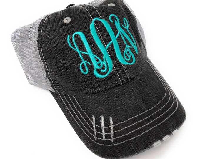 Embroidered Monogram Distressed Trucker Hat Black Grey Mesh Personalized Baseball Cap Custom Initials Gift