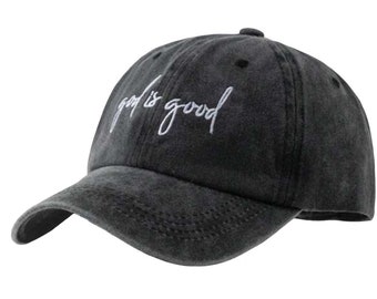 Custom Embroidered God Is Good Baseball Hat (Pigment Dyed Black)