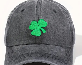 3 Leaf Clover Hat - Shamrock, Four Leaf Clover, St. Patrick's Day, Luck of the Irish, (Pigment Dyed Black Hat with green shamrock)