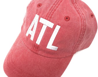 Custom Embroidered ATL Hartsfield–Jackson Atlanta International Airport Code Baseball Hat Dyed Poppy With White Thread