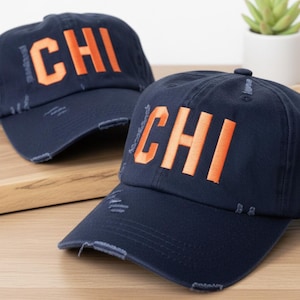 Custom Embroidered Chicago Cubs Airport Code Distressed Baseball Hat Blue Orange Letters CHI Aviator Style