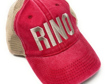 Custom Embroidered Proud RINO Pigment Dyed Red Trucker Hat with Khaki letters