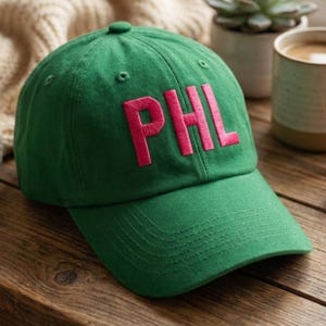 Custom Embroidered PHL Airport Code Hat Philadelphia Baseball Cap Gift Souvenir- Kelly Green with Pink