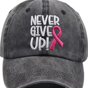 Custom Embroidered Never Give Up Cancer Awareness Ribbon  Baseball Hat (Pigment Dyed Black)
