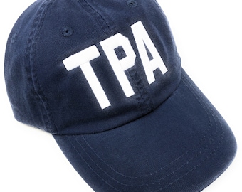 Custom Embroidered TPA Tampa International Airport Code Baseball Hat (navy hat with white letters)