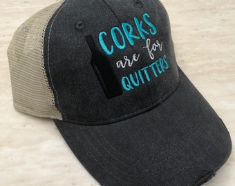 Custom Embroidered Corks Are For Quitters Distressed Trucker Hat (Adams Navy Blue Ollie)