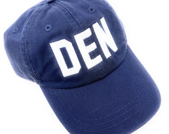 Custom Embroidered DEN Denver International Airport Code Baseball Hat ( True Navy with White Letters)